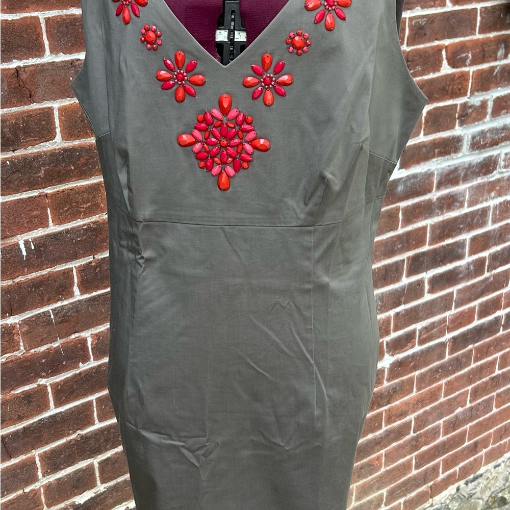 BODEN Embellished V-Neck Sheath Dress with Red Accents